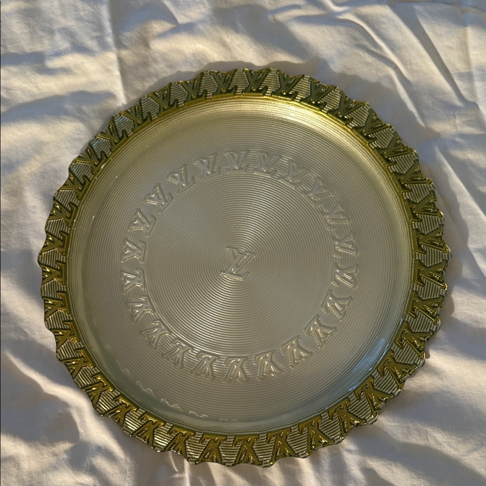 Louis Vuitton Gold-Trimmed Glass Platter. Embossed LV Monogram. 13" round.